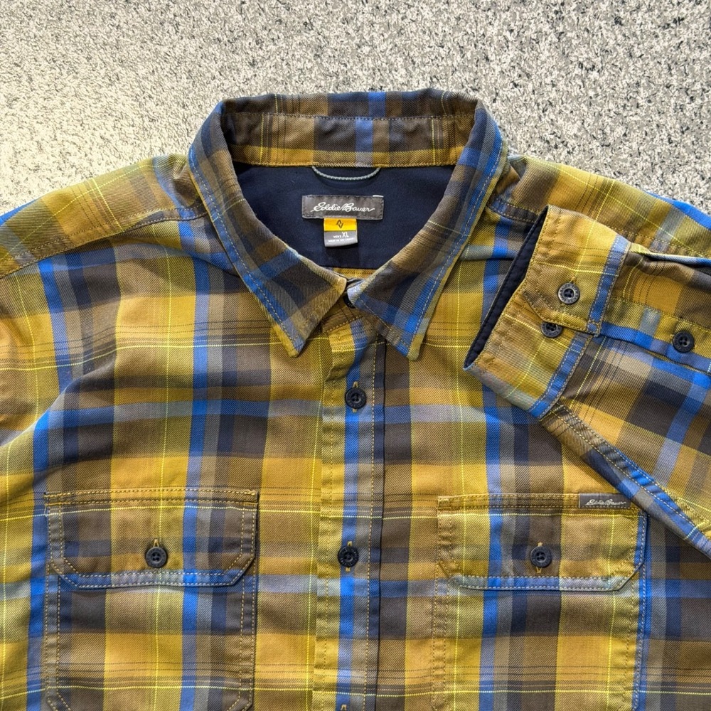 Eddie Bauer Expedition Flannel Shirt Mens XL Button Down Yellow Blue Outdoor